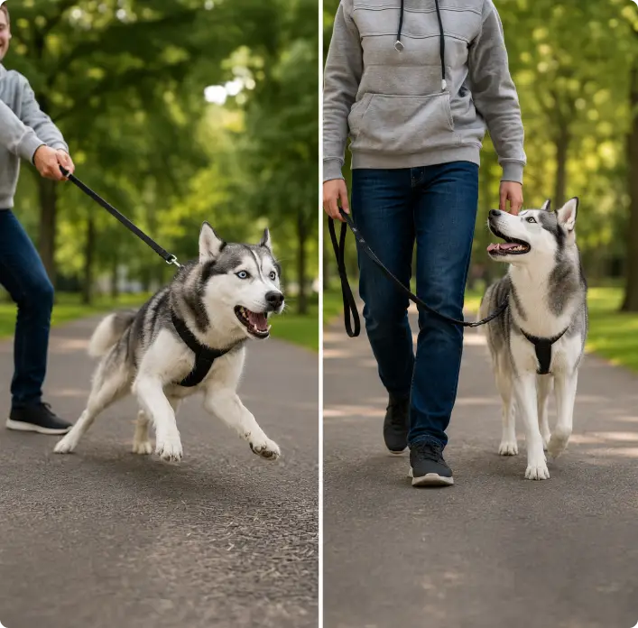 Before and after comparison showing a dog learning improved leash walking behavior