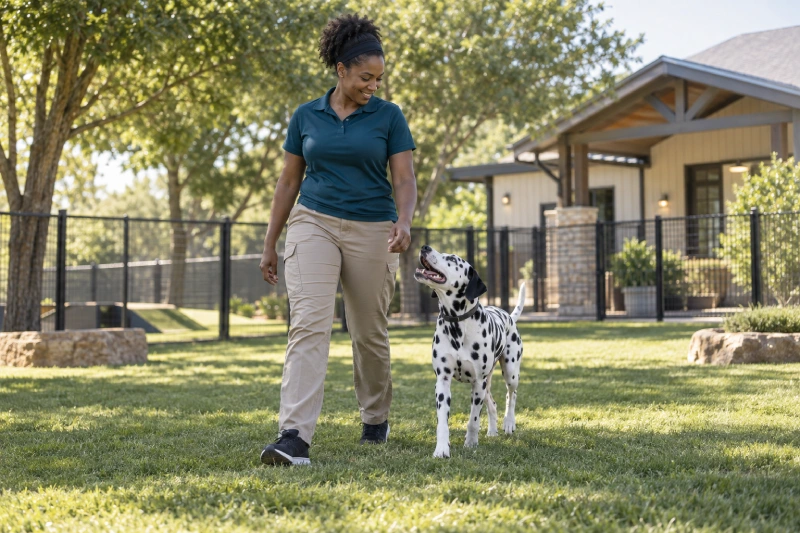Dog working with a trainer during an advanced training session