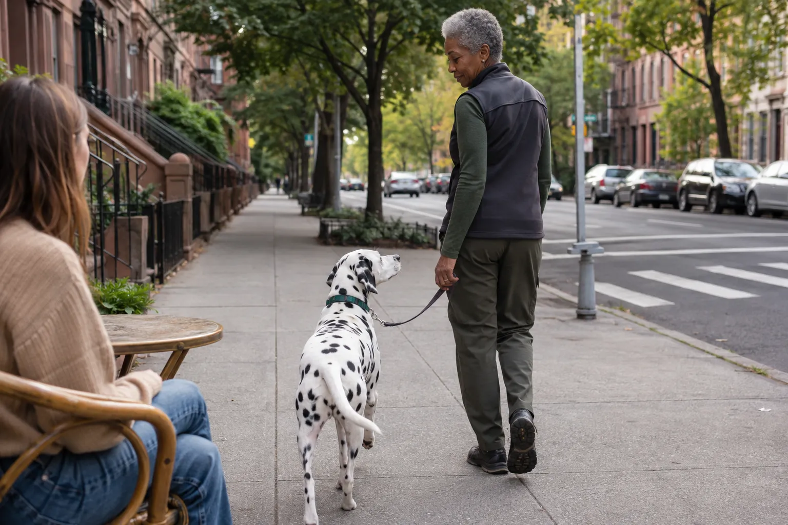 Dog practicing leash walking with a trainer on a neighborhood street
