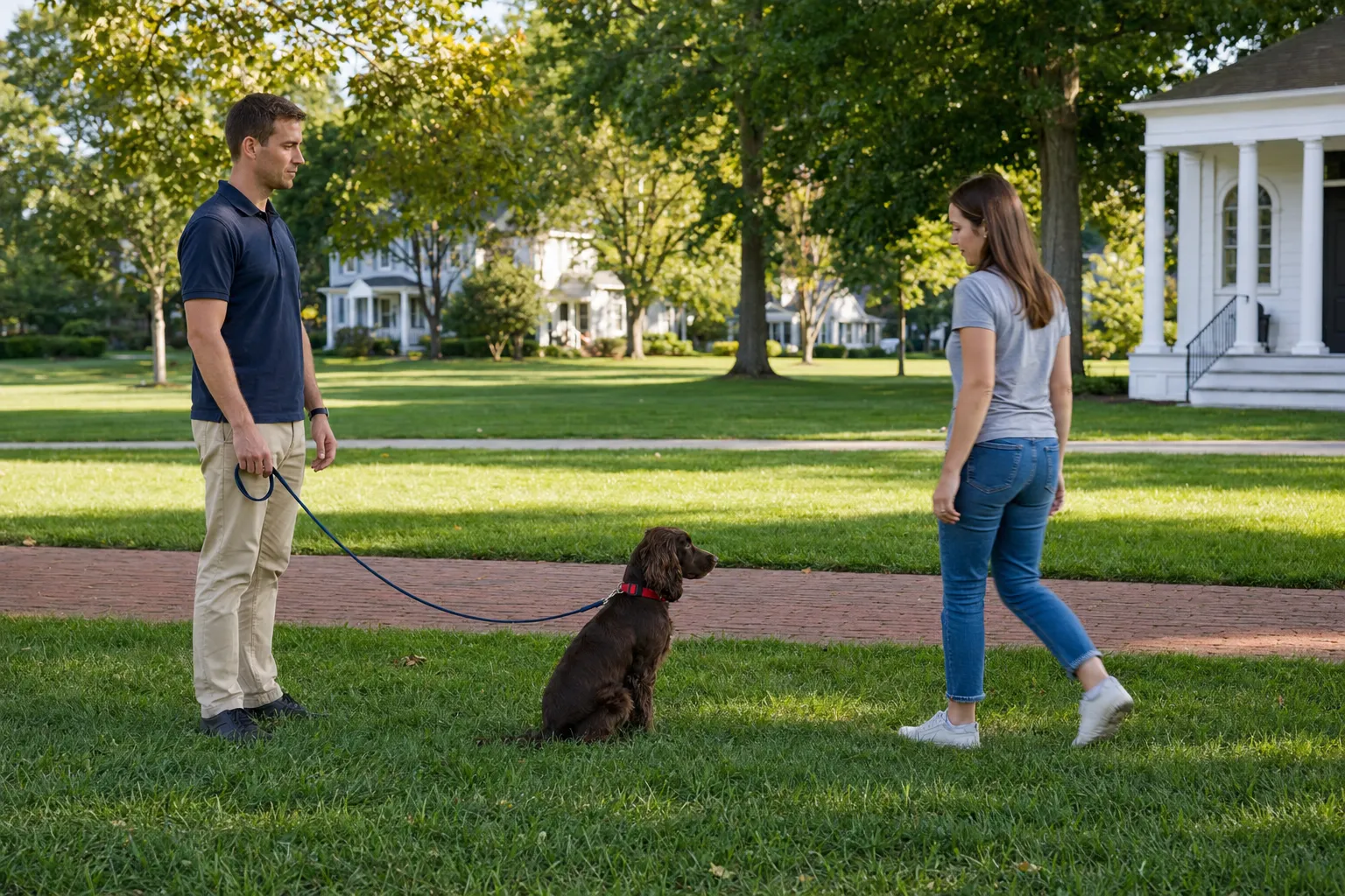 Dog training session taking place in a grassy park