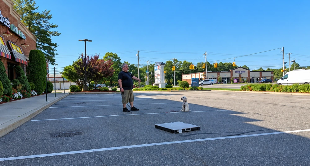 Dog walking with its trainer along the waterfront