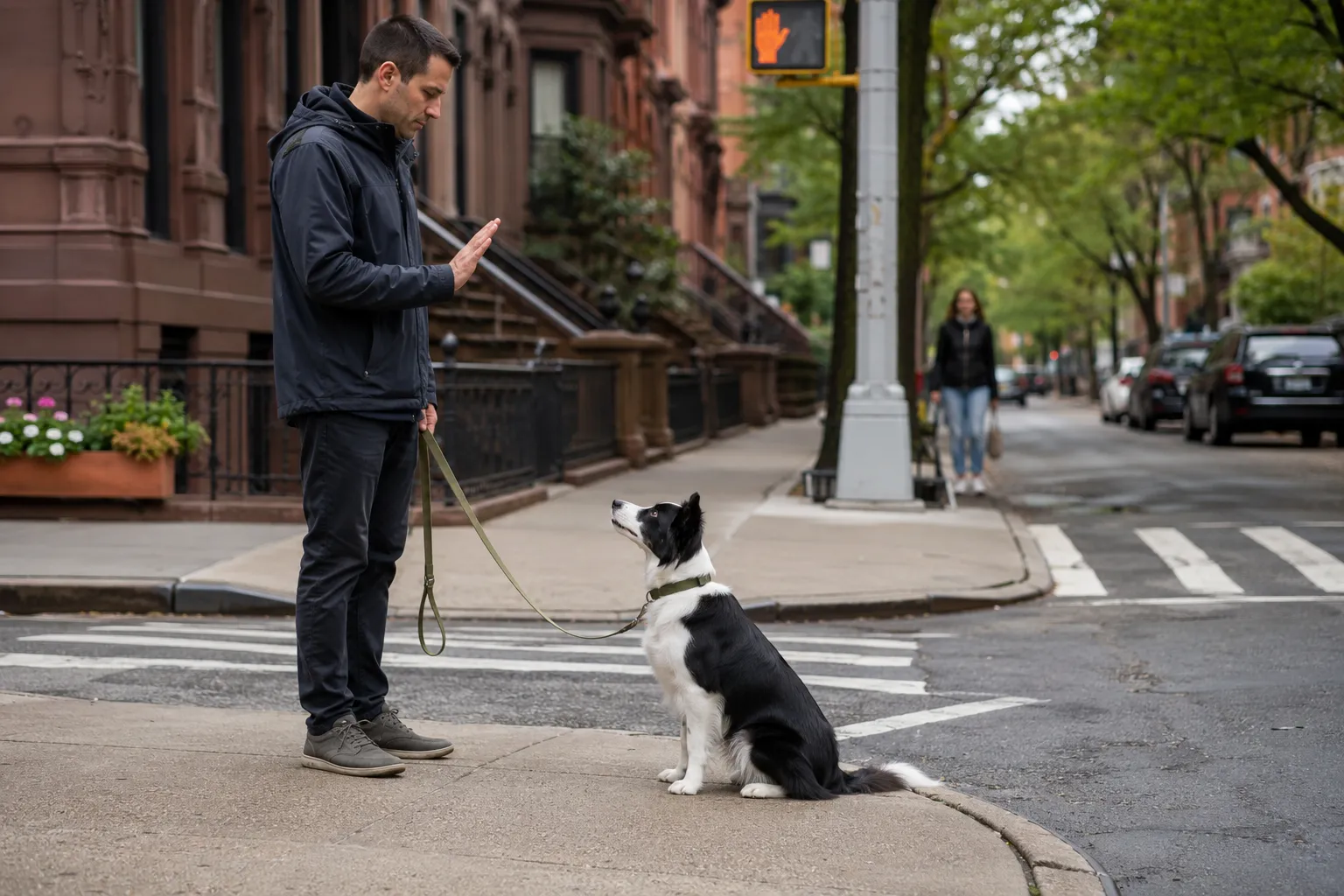 Dog practicing place training with its trainer in a backyard
